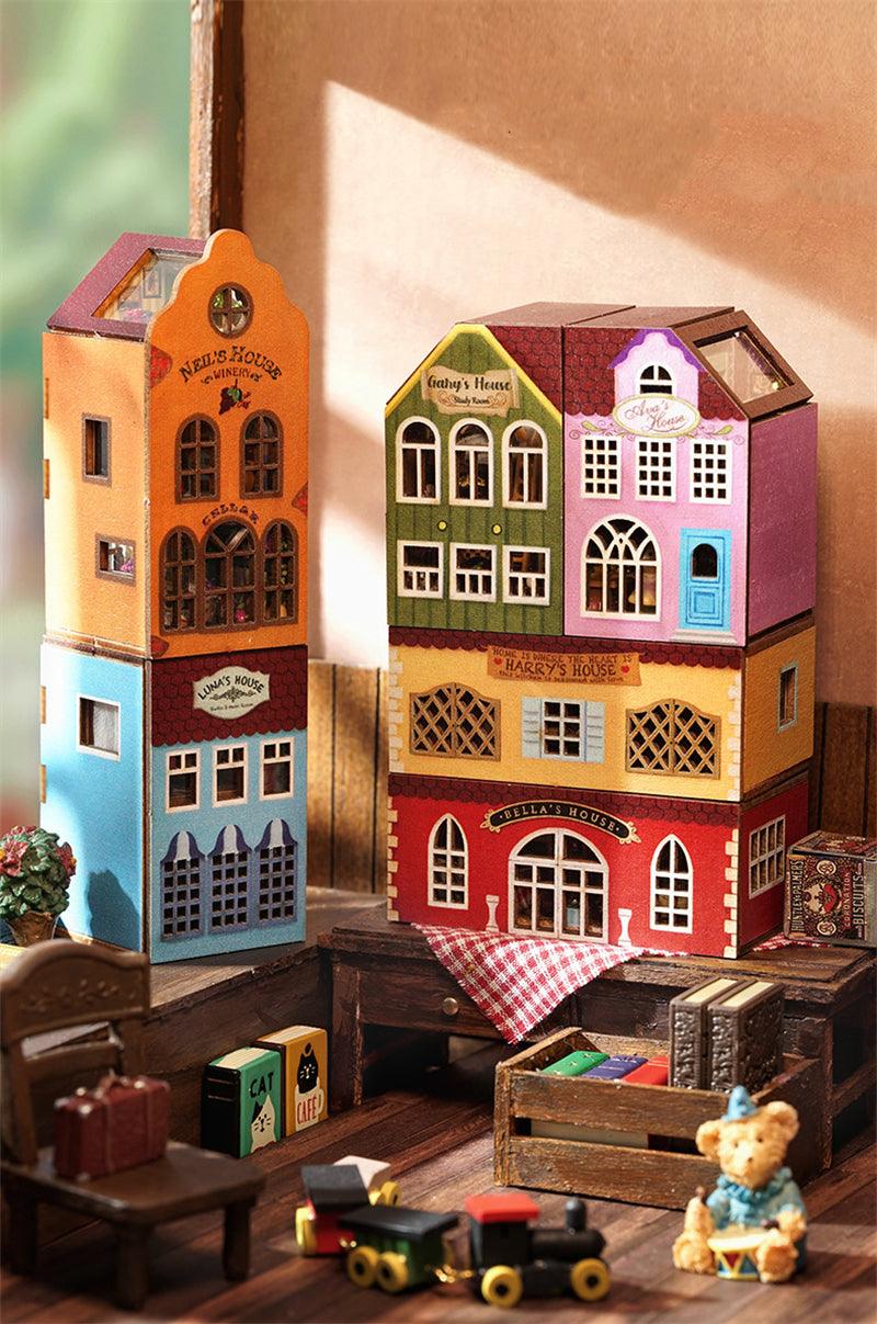 Building Block Town Combination Style Doll House DIY Dollhouse Kit Six Story Bella's Living Room Harry's Kitchen Ava's Workshop Gary's Books