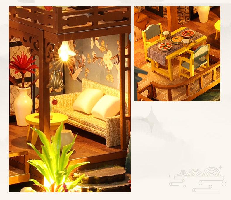 DIY Dollhouse Kit Ancient Japanese Garden Pavilion Style Dollhouse With Moonlight & Lotus Pond Japanese Miniature Dollhouse Holiday Crafts