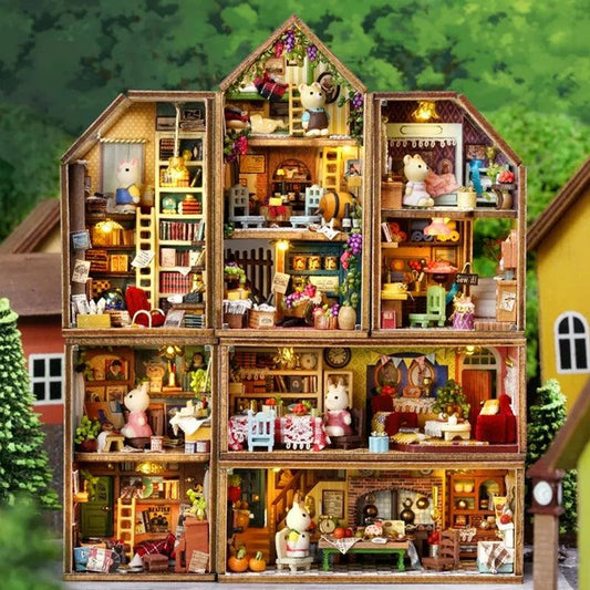 Building Block Town Combination Style Doll House DIY Dollhouse Kit Six Story Bella's Living Room Harry's Kitchen Ava's Workshop Gary's Books