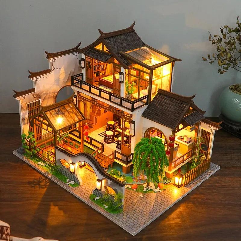 DIY Dollhouse Kit Poetic Charm Japanese Style Dollhouse With Moonlight & Lotus Pond Japanese Miniature Dollhouse Holiday Crafts