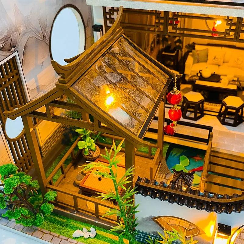 DIY Dollhouse Kit Poetic Charm Japanese Style Dollhouse With Moonlight & Lotus Pond Japanese Miniature Dollhouse Holiday Crafts