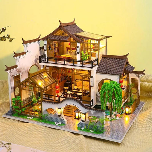 DIY Dollhouse Kit Poetic Charm Japanese Style Dollhouse With Moonlight & Lotus Pond Japanese Miniature Dollhouse Holiday Crafts