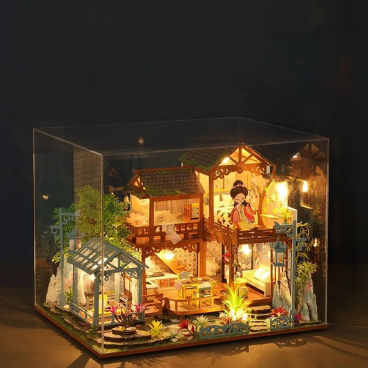 DIY Dollhouse Kit Ancient Japanese Garden Pavilion Style Dollhouse With Moonlight & Lotus Pond Japanese Miniature Dollhouse Holiday Crafts