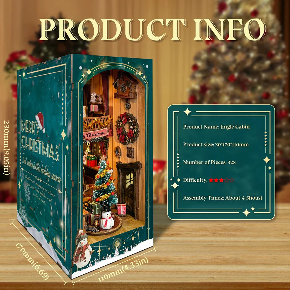 SQ34 DIY Book Nook Kit Christmas Book Nook Jingle Cabin Book Nook Christmas Decor Book Shelf Insert Holiday Miniatures DIY Bookend Best Gift