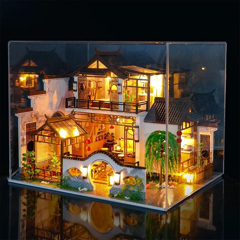 DIY Dollhouse Kit Poetic Charm Japanese Style Dollhouse With Moonlight & Lotus Pond Japanese Miniature Dollhouse Holiday Crafts