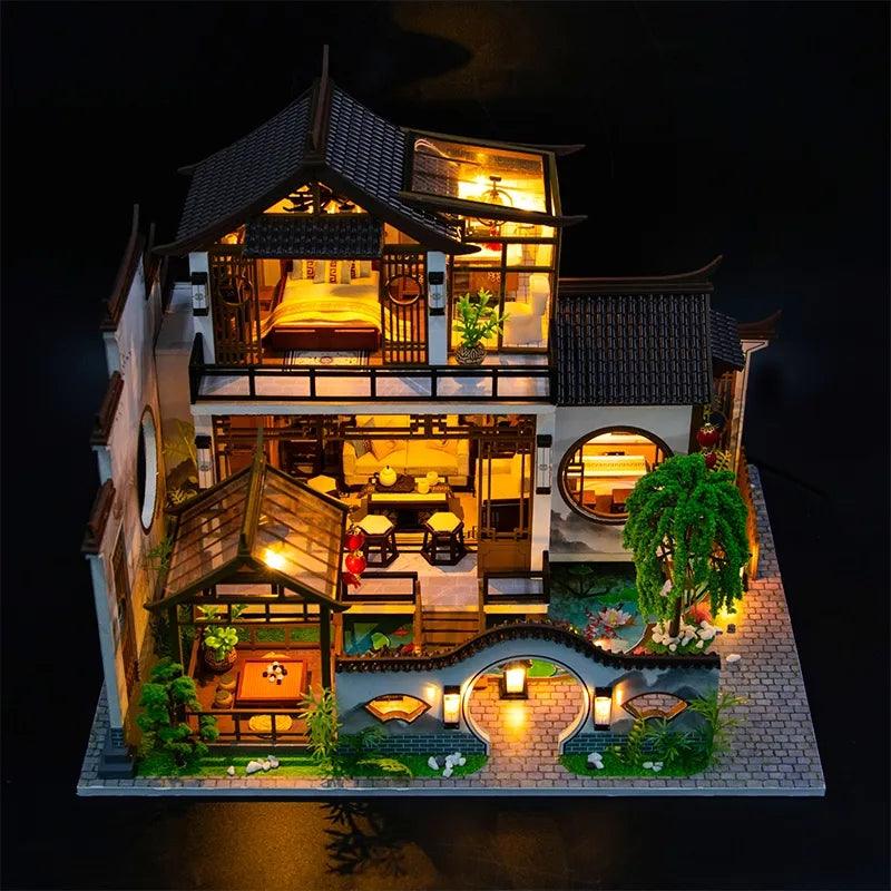 DIY Dollhouse Kit Poetic Charm Japanese Style Dollhouse With Moonlight & Lotus Pond Japanese Miniature Dollhouse Holiday Crafts