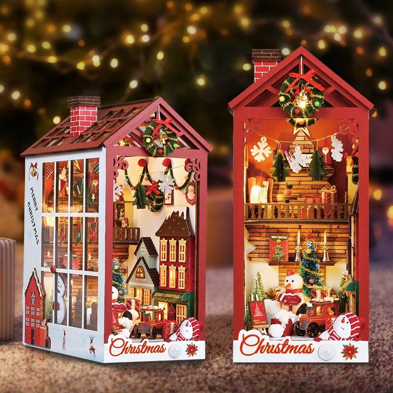 Christmas Book Nook DIY Book Nook Kits Shelf Insert Kit Miniature Building Kits Santa Claus's Room Bookshelf with Light Bookends Gifts