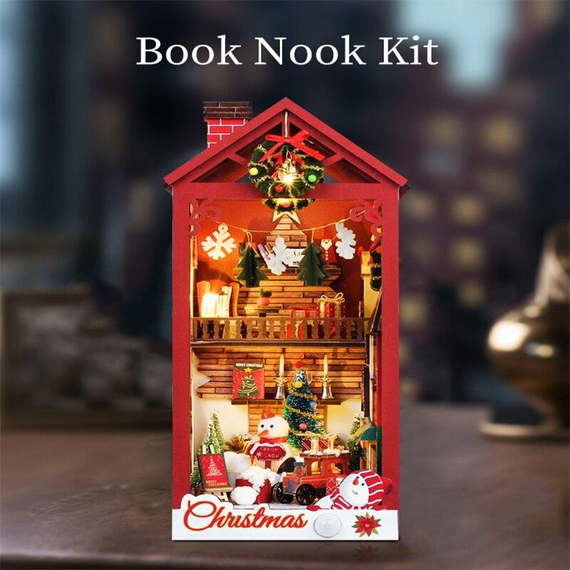 Christmas Book Nook DIY Book Nook Kits Shelf Insert Kit Miniature Building Kits Santa Claus's Room Bookshelf with Light Bookends Gifts