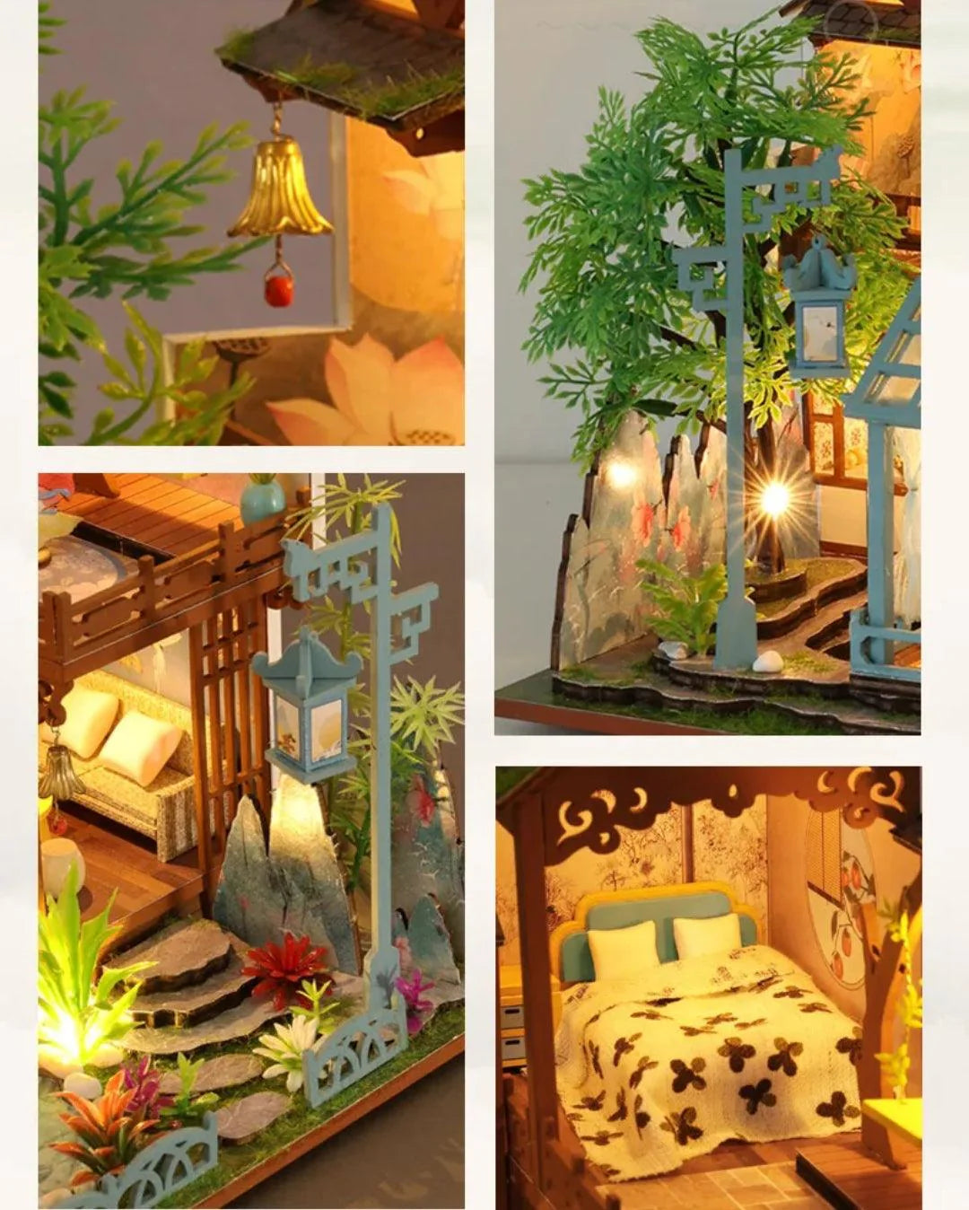 DIY Dollhouse Kit Ancient Japanese Garden Pavilion Style Dollhouse With Moonlight & Lotus Pond Japanese Miniature Dollhouse Holiday Crafts