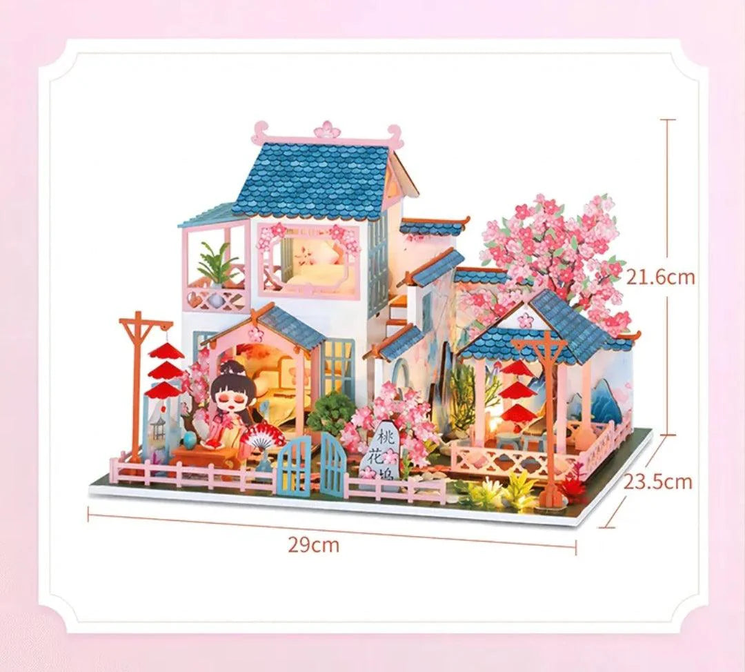 DIY Dollhouse Kit Sakura Temple Tree House Japanese Dollhouse With Moonlight & Lotus Pond Japanese Miniature Dollhouse Holiday Crafts