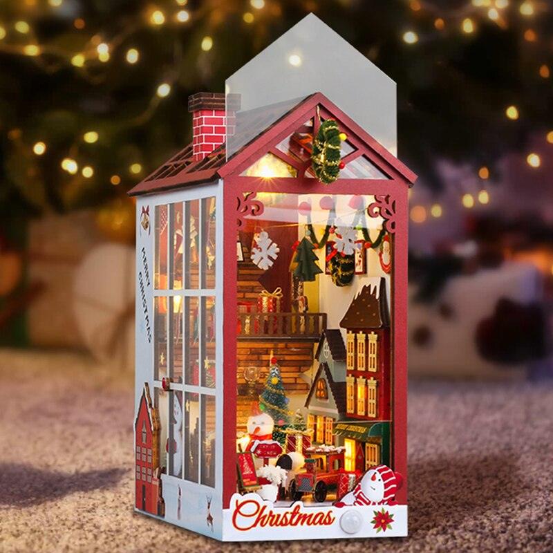 Christmas Book Nook DIY Book Nook Kits Shelf Insert Kit Miniature Building Kits Santa Claus's Room Bookshelf with Light Bookends Gifts