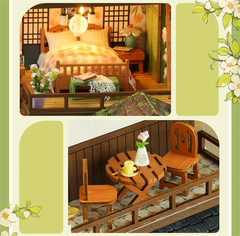 Bamboo Spring Courtyard Casa Miniature Building Kits Dollhouse With Furniture Big Villa Crafts Gifts