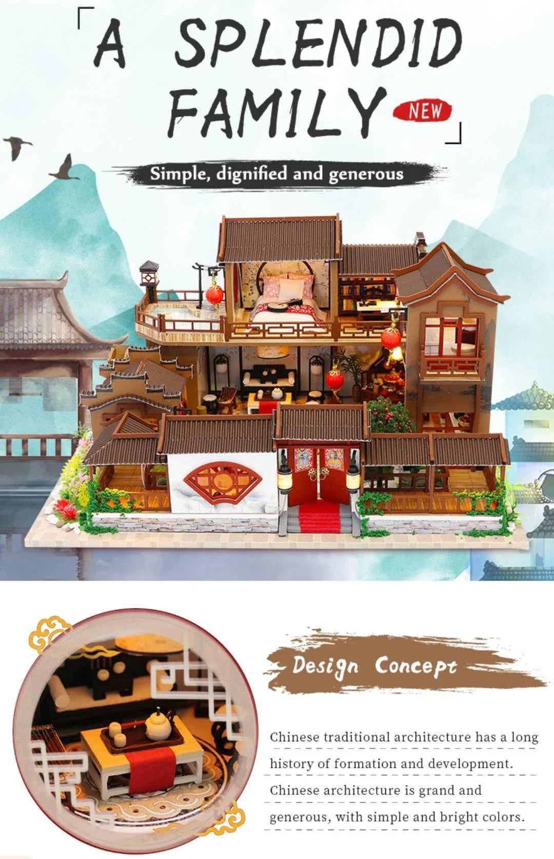 DIY Japanese Style Dollhouse Kit Large Size with Water Wheel for Birthday Gift Doll house DIY Dollhouse Kit Dollhouse Miniature