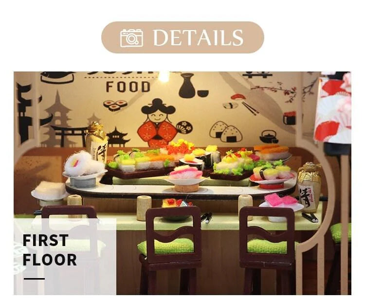 DIY Sushi Restaurant Japanese Style Miniature DIY Doll House Kit 1:24 with light Adult Craft Gift Decor