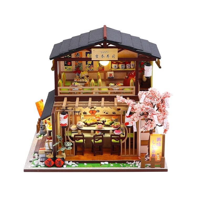 DIY Sushi Restaurant Japanese Style Miniature DIY Doll House Kit 1:24 with light Adult Craft Gift Decor