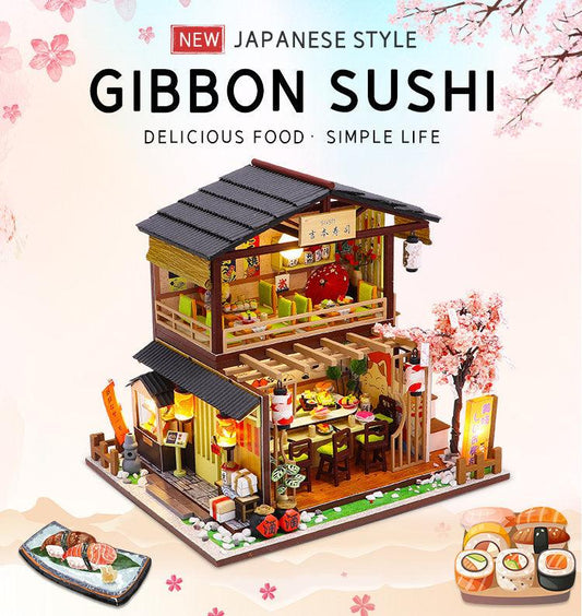 DIY Sushi Restaurant Japanese Style Miniature DIY Doll House Kit 1:24 with light Adult Craft Gift Decor