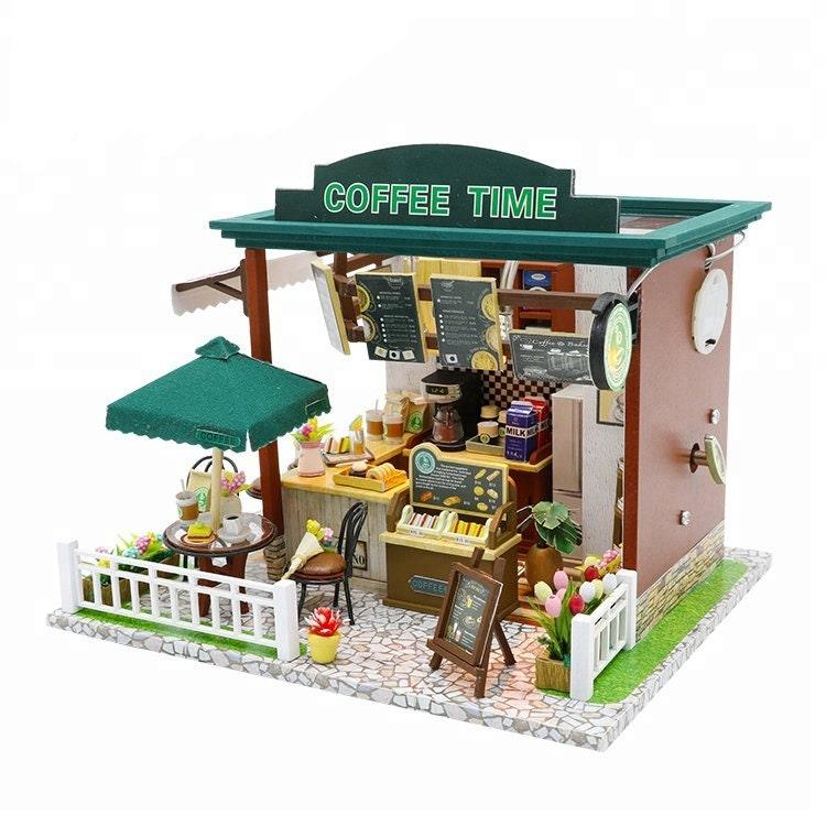 DIY Dollhouse Kit Coffee Time Shop Dollhouse Coffee Shop Dollhouse Miniature with Furniture Adult Craft Kit Doll House Kit