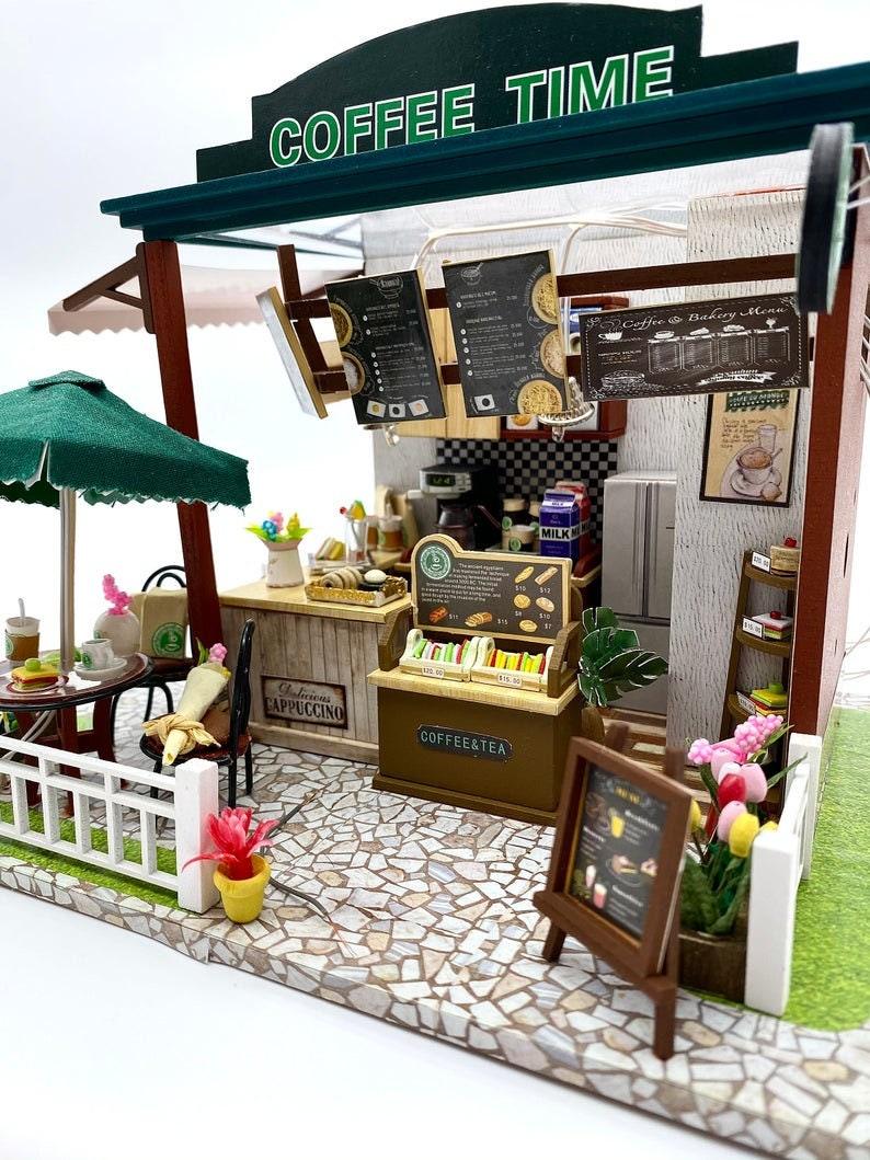 DIY Dollhouse Kit Coffee Time Shop Dollhouse Coffee Shop Dollhouse Miniature with Furniture Adult Craft Kit Doll House Kit