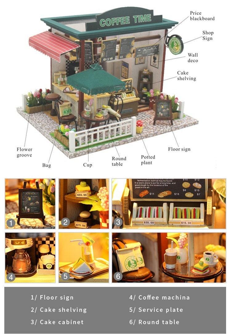 DIY Dollhouse Kit Coffee Time Shop Dollhouse Coffee Shop Dollhouse Miniature with Furniture Adult Craft Kit Doll House Kit