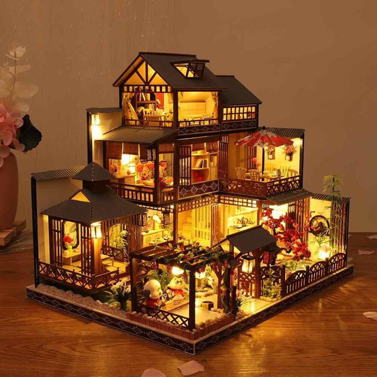 DIY Japanese Style Villa Wooden Miniature Doll House kit Large Scale with light Adult Craft Birthday Gift Decor