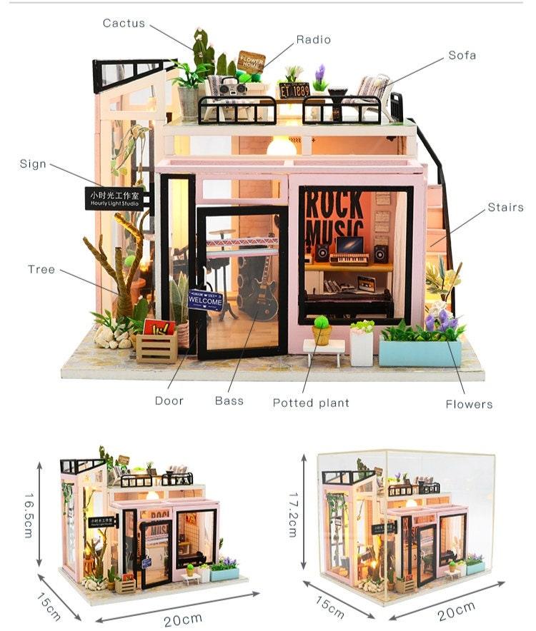 Houguang Music Studio DIY Dollhouse Kit Dollhouse Miniature With Guitar Drum Kit Adult Craft Birthday Gift Christmas Gift