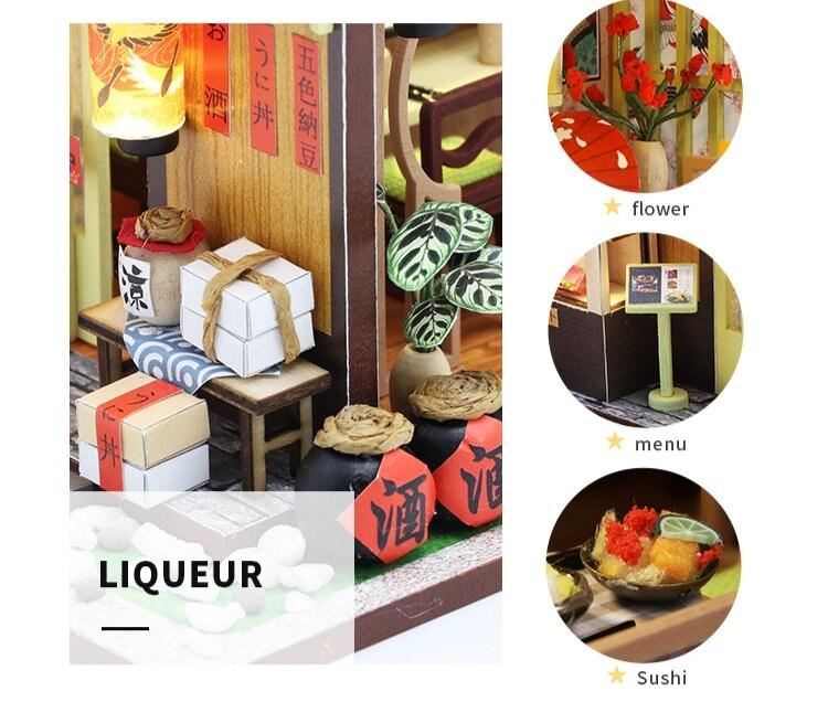 DIY Sushi Restaurant Japanese Style Miniature DIY Doll House Kit 1:24 with light Adult Craft Gift Decor