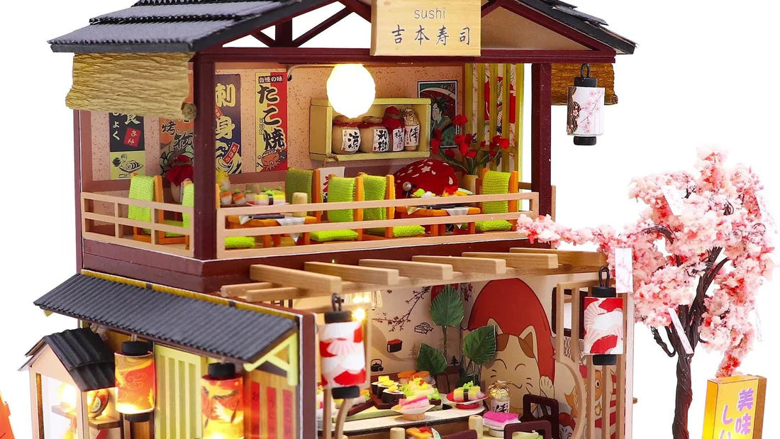 DIY Sushi Restaurant Japanese Style Miniature DIY Doll House Kit 1:24 with light Adult Craft Gift Decor