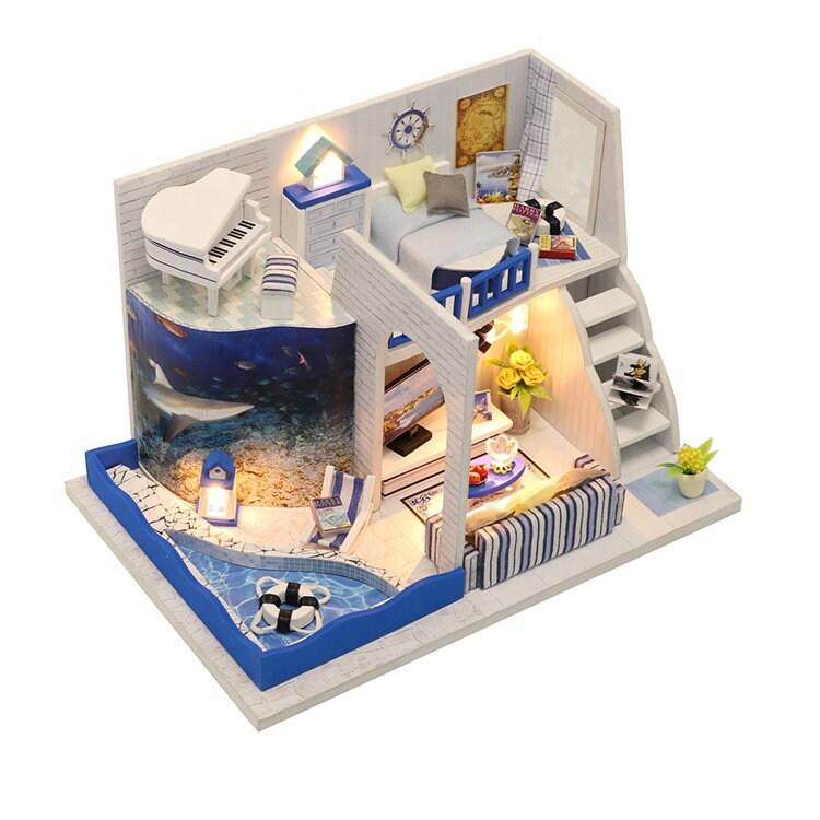 DIY Dollhouse Kit Miniature Beach Dollhouse Sea Side Villa Miniature Modern Style Chinese Japanese European Miniature Small DIY Adult Craf