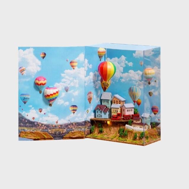 Hot Air Balloon Book Nook Book Scenery - DIY Doll House Book Shelf Insert - Bookcase with Light Miniature Building Kit