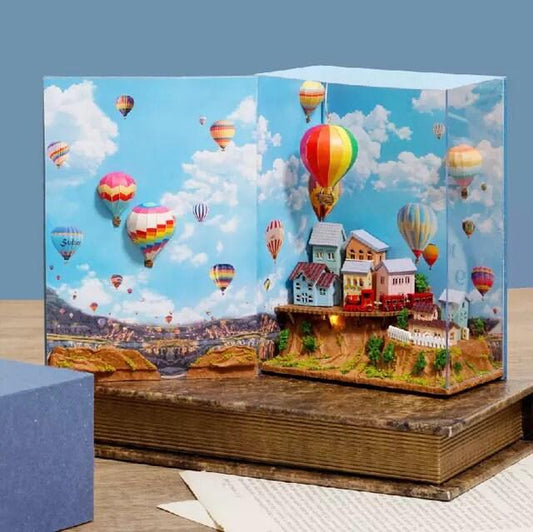 Hot Air Balloon Book Nook Book Scenery - DIY Doll House Book Shelf Insert - Bookcase with Light Miniature Building Kit