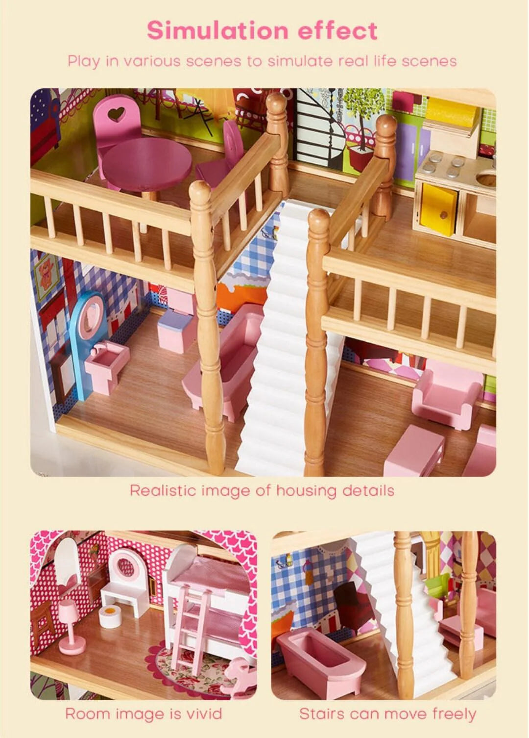 Large Dollhouse Pretend Play Simulation Dollhouse Made with Original Solid Wood Large Bookcase Dollhouse With Furniture Best Children Gift