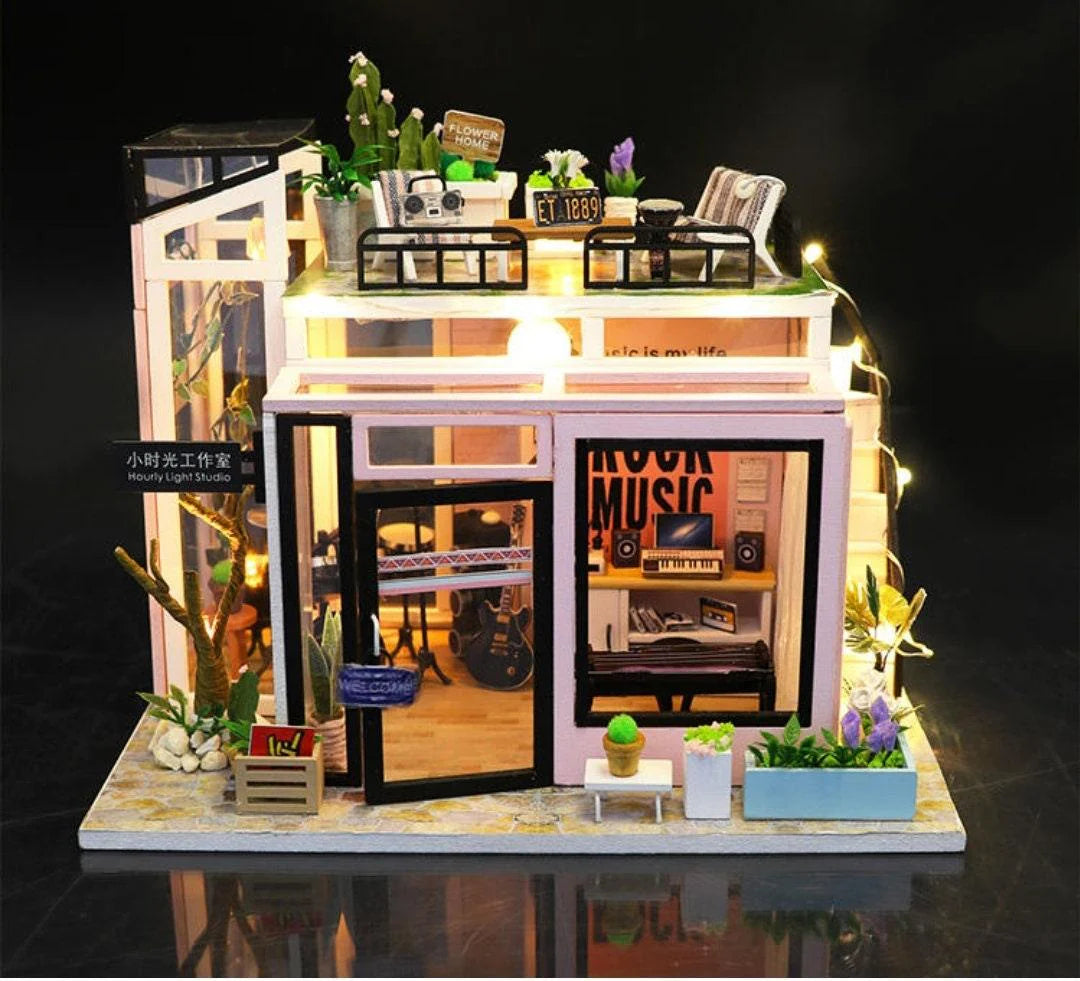 Houguang Music Studio DIY Dollhouse Kit Dollhouse Miniature With Guitar Drum Kit Adult Craft Birthday Gift Christmas Gift