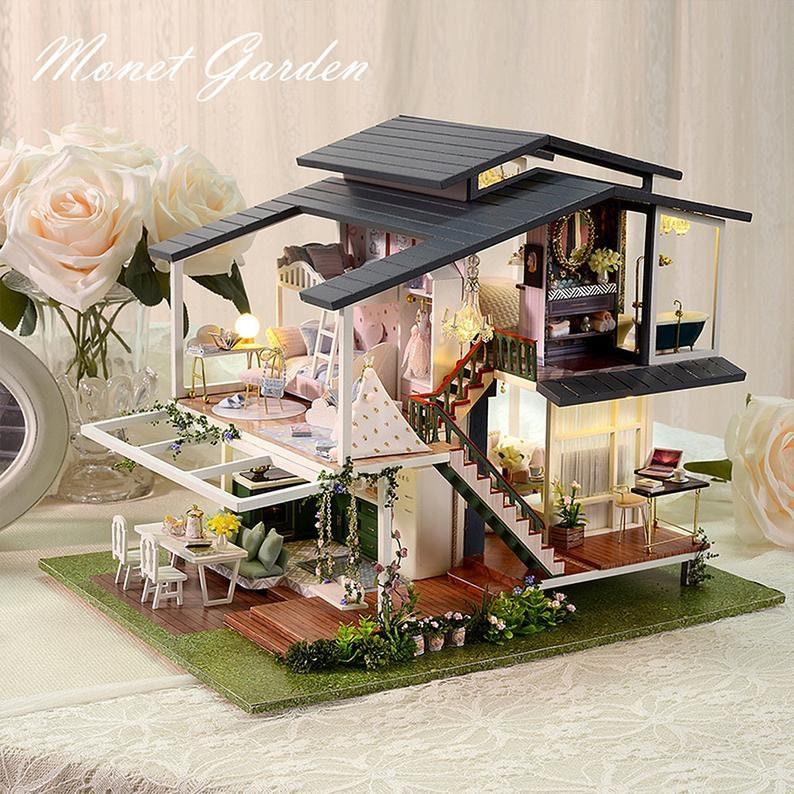 Monets Garden Dollhouse Miniature With Furniture - Two Story Modern Villa DIY Dollhouse Kit - Creative Room Idea (Dust Cover Available)