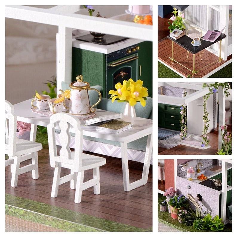 Monets Garden Dollhouse Miniature With Furniture - Two Story Modern Villa DIY Dollhouse Kit - Creative Room Idea (Dust Cover Available)