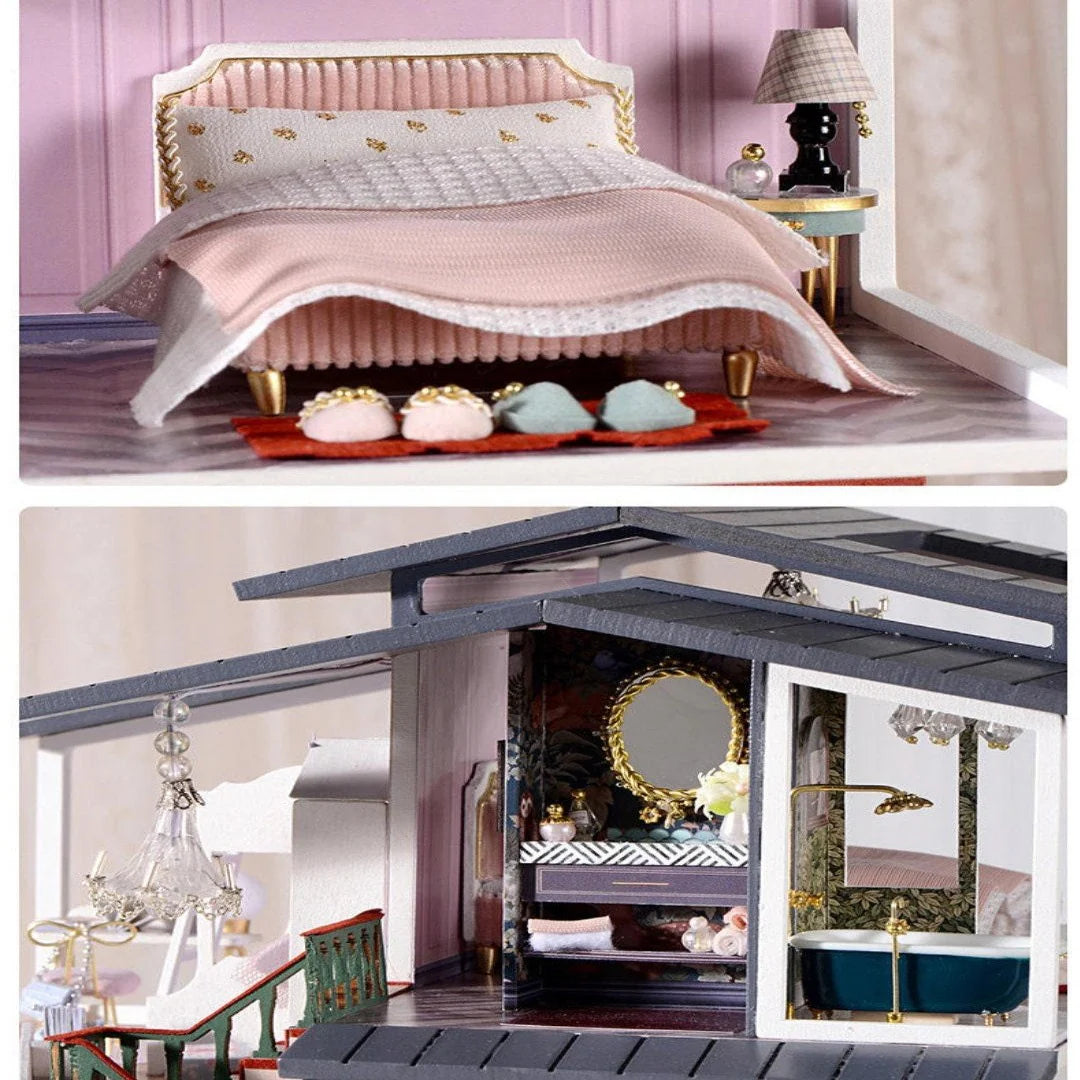 Monets Garden Dollhouse Miniature With Furniture - Two Story Modern Villa DIY Dollhouse Kit - Creative Room Idea (Dust Cover Available)