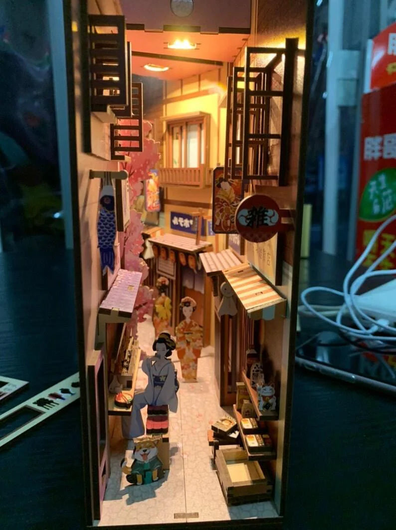 DIY Book Nook - Japanese Street Book Nook - DIY Doll House - Book Shelf Insert - Book Scenery - Bookcase with Light Model Building Kit