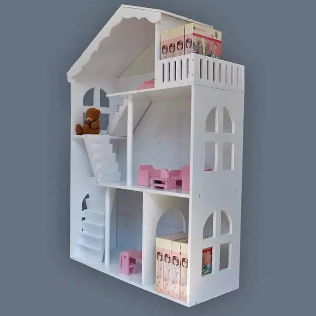 Wooden Dollhouse & Bookshelf 2 in 1 Pretend Furniture Dollhouse Made with Original Solid Wood Large Bookcase Dollhouse Kid Children Gift