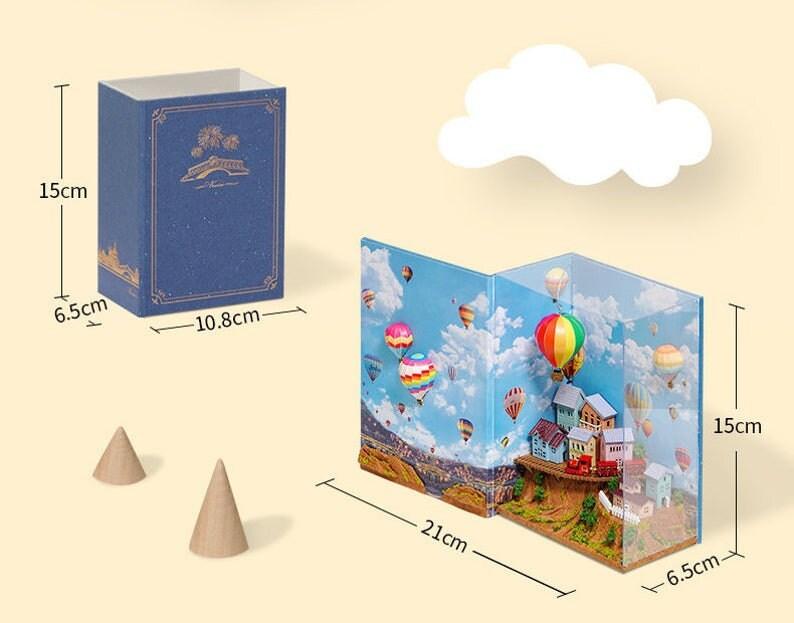 Hot Air Balloon Book Nook Book Scenery - DIY Doll House Book Shelf Insert - Bookcase with Light Miniature Building Kit