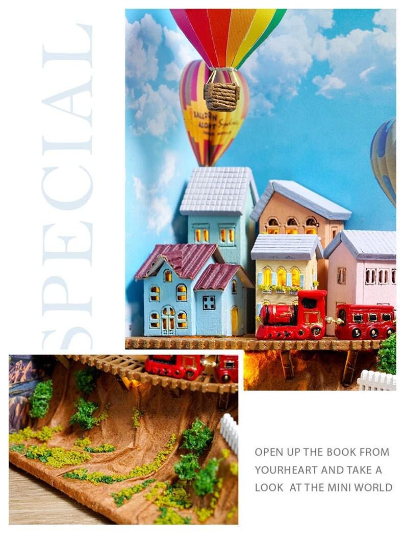 Hot Air Balloon Book Nook Book Scenery - DIY Doll House Book Shelf Insert - Bookcase with Light Miniature Building Kit