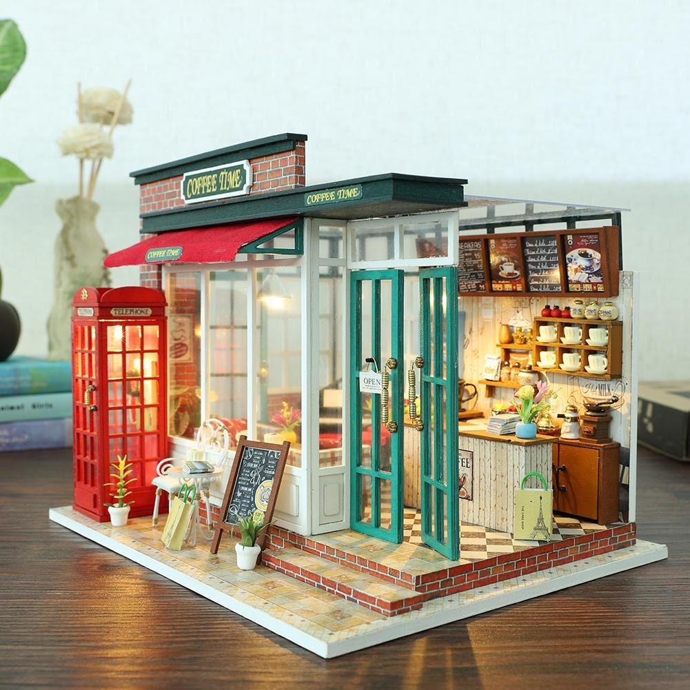 DIY Dollhouse Kit Coffee Time Shop Dollhouse Coffee Shop Dollhouse Miniature with Furniture Adult Craft Kit Doll House Kit