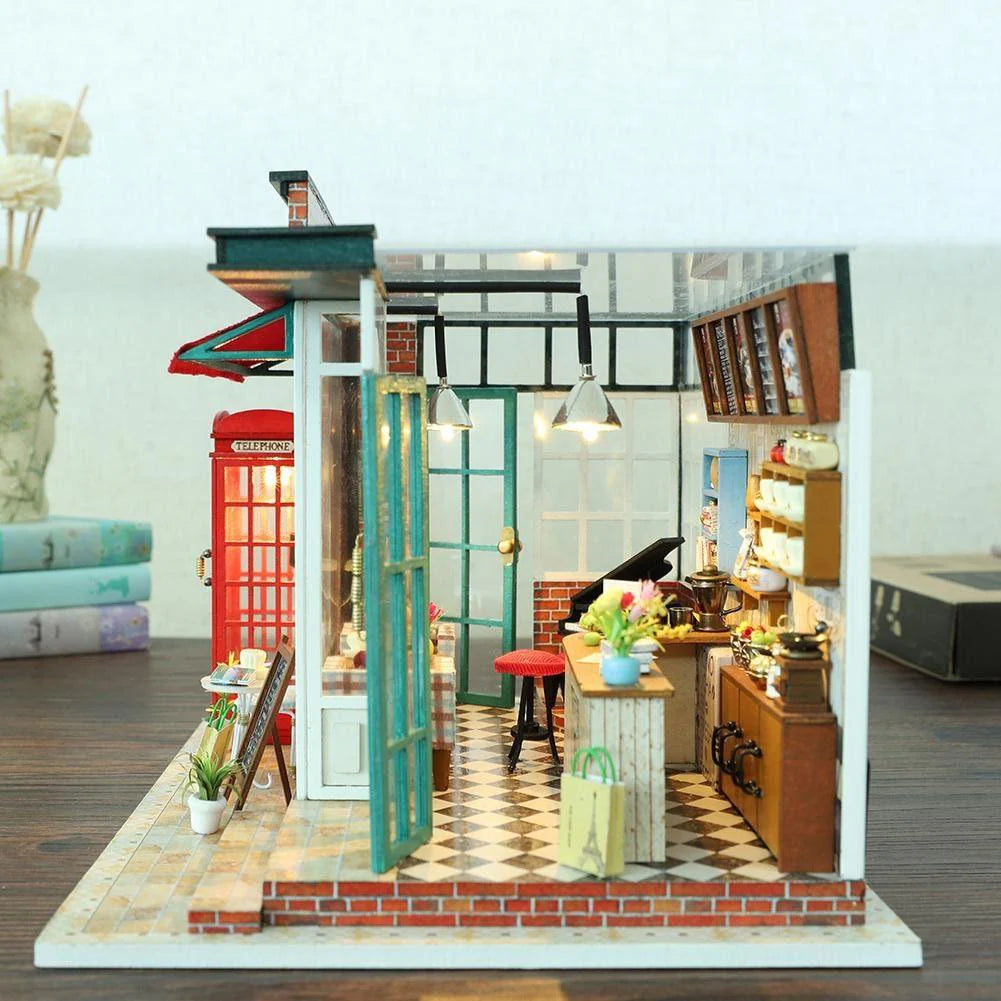 DIY Dollhouse Kit Coffee Time Shop Dollhouse Coffee Shop Dollhouse Miniature with Furniture Adult Craft Kit Doll House Kit