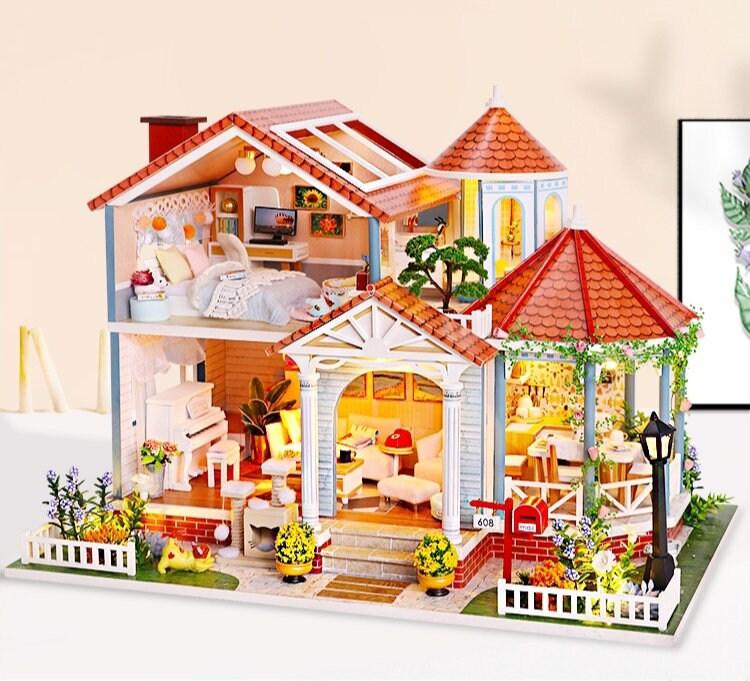 DIY Dollhouse Kit European Courtyard Garden Miniature Villa with Lighthouse, Western Style Bungalow Dollhouse Kit With Free LED Lights