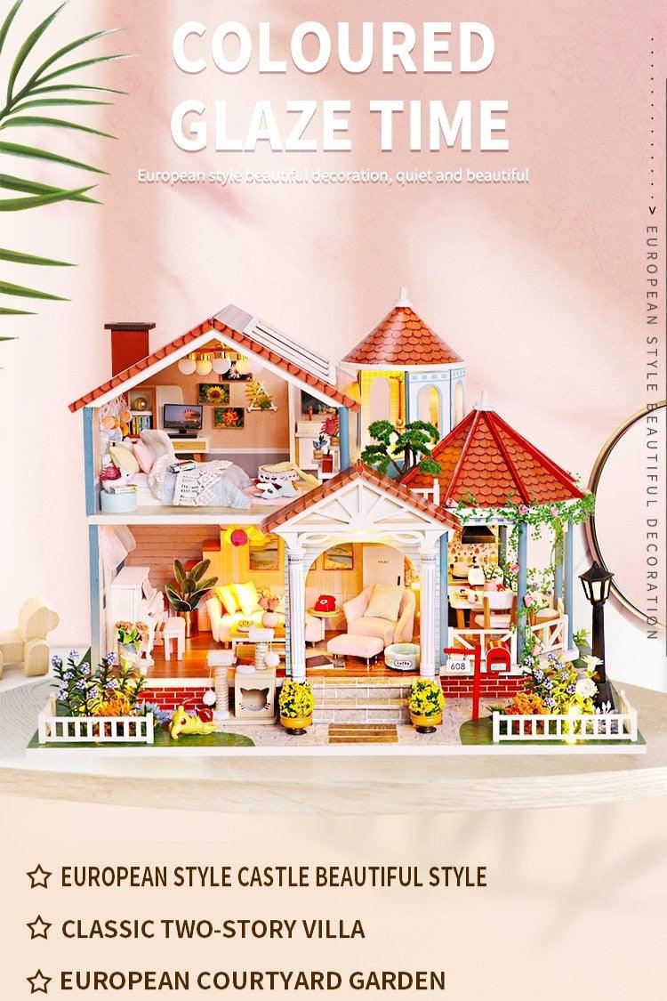 DIY Dollhouse Kit European Courtyard Garden Miniature Villa with Lighthouse, Western Style Bungalow Dollhouse Kit With Free LED Lights