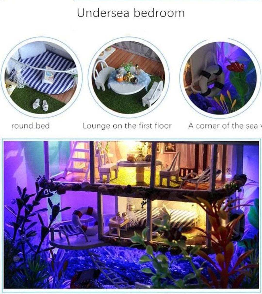 DIY Dollhouse Kit Under Water Life Miniature Dollhouse with Under Water Bedroom, Marine Theme Dollhouse With Free Dust Cover