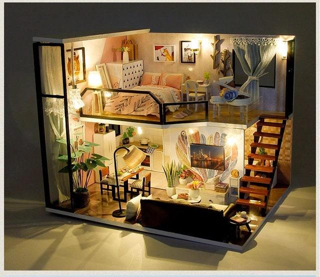 DIY Dollhouse Kit Bedroom with Surprise Gift Box Packaging Modern Apartment Style Miniature Dollhouse Kit Adult Craft DIY Kits