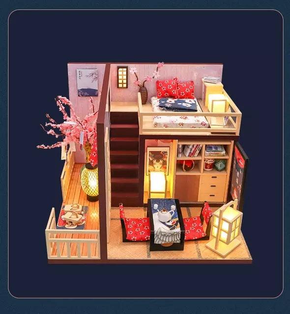 DIY Dollhouse Kit Japanese Style Cherry Blossom Miniature House Japanese Villa Miniature Dollhouse Kit With Dust Cover Adult Craft DIY Kits