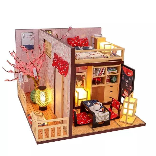 DIY Dollhouse Kit Japanese Style Cherry Blossom Miniature House Japanese Villa Miniature Dollhouse Kit With Dust Cover Adult Craft DIY Kits