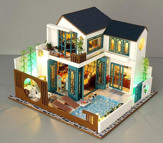 Japanese Style DIY Dollhouse Kit Miniature Bungalow with Swimming Pool Japanese Style Miniature Villa With Free Dust Cover Adult Craft