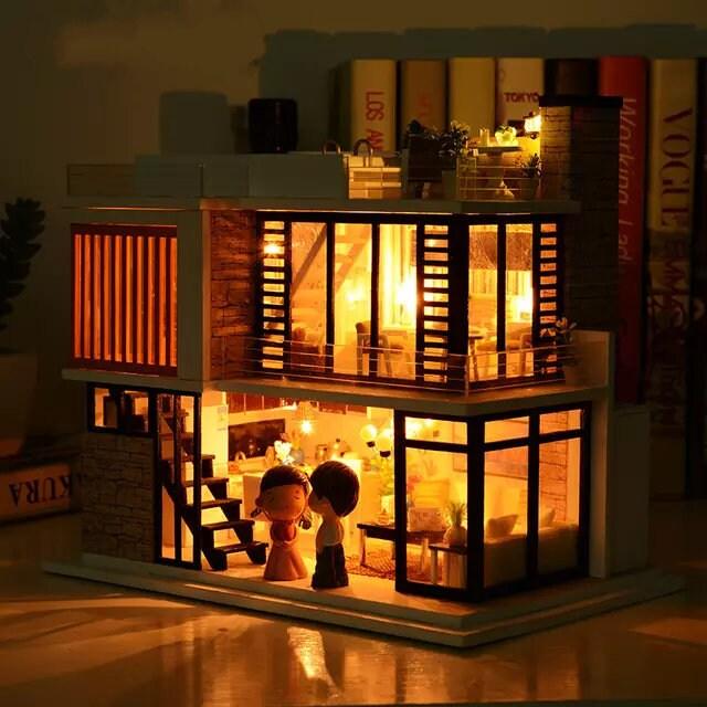 DIY Dollhouse Modern Two Story Apartment Miniature With Terrace Swimming Pool Dollhouse Toy For Children New Year Christmas Gift Adult Craft