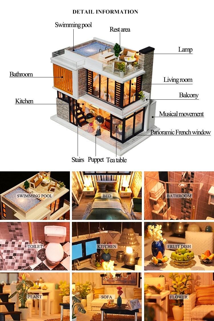 DIY Dollhouse Modern Two Story Apartment Miniature With Terrace Swimming Pool Dollhouse Toy For Children New Year Christmas Gift Adult Craft